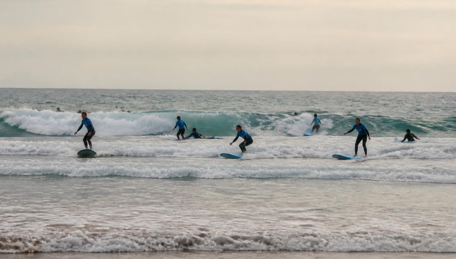 Surf school lineup with one surfer identified and matched to their waves
